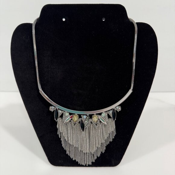 Vera Wang Jewelry - VTG Vera Wang Silver Gunmetal Chain Fringe Faux Gems Bib Necklace Choker